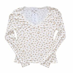 Hippie Rose Floral Ribbed Lace Trim V-Neck Top | Size M